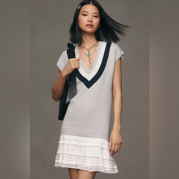 Anthropologie Varsity Short Sleeve Twofer Mini Dress Grey Size Medium NWT - Picture 9 of 9